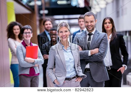 young multi ethnic business people group walking standing and top view