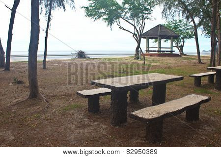 stone  bench with sea background