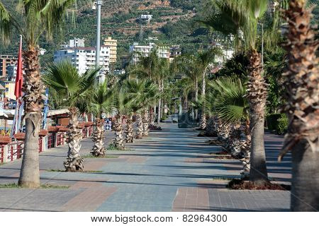 Alanya - Cleopatra beach. Long boardwalk and bike path . Turkey