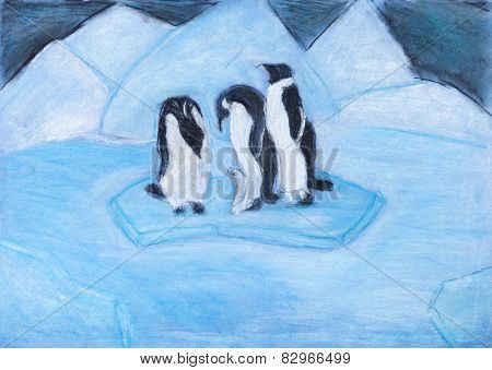 Penguins On Ice Floe In Cold Blue Night