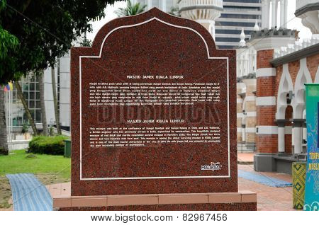 Information stone at Kuala Lumpur Jamek Mosque in Malaysia