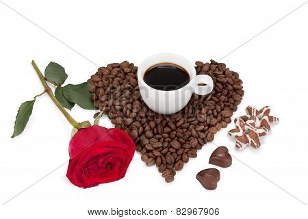 Cup With Coffee, Biscuits And Candies
