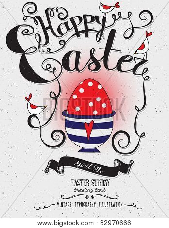 Happy Easter - Vintage typography illustration, hand drawn, with red Easter egg, birds, swirls and banner and freehand lettering