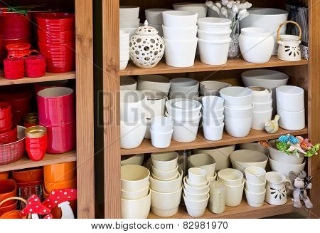White Planters In The Florist Shop