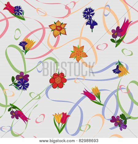 A repeating pattern with flowers, ribbons and hearts.