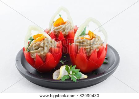Tomatoes stuffed with eggplant baba ganoush