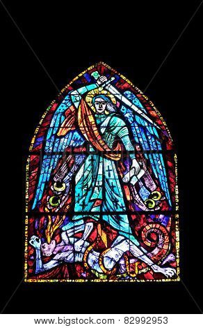 GRAZ, AUSTRIA - JANUARY 10, 2015: Stained glass window in Parish Church of the Holy Blood in Graz, Styria, Austria on January 10, 2015.