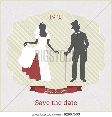 Save the date card template with bride and groom in retro style