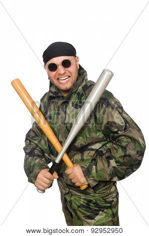 Young man in soldier uniform holding bludgeon isolated on white