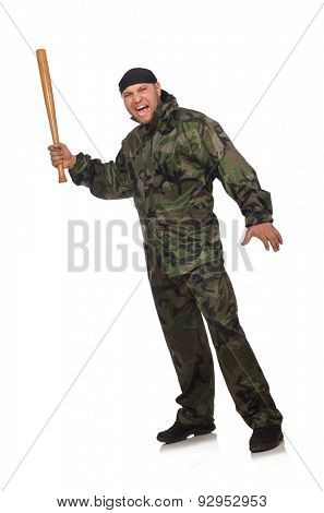 Young man in soldier uniform holding bludgeon isolated on white