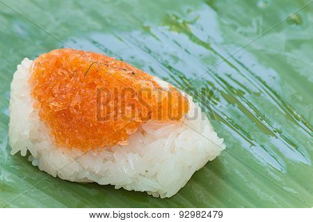 Sticky Rice With Shrimp And Shred Coconut , Wrapped In Banana