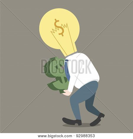 Businessman Light Bulb On Head Get Dollar In Hand