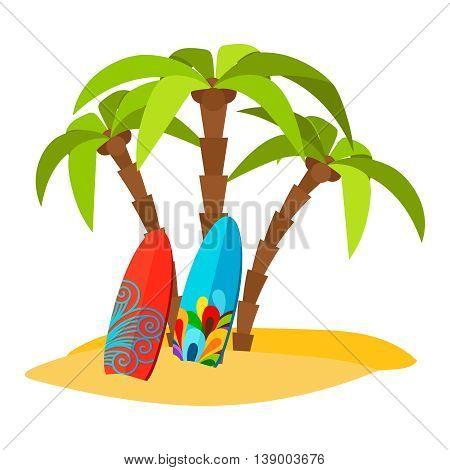 Surfing pacific beach vector flat print with palm trees and surf boards