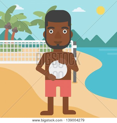 An african-american sportsman holding volleyball ball in hands. Beach volleyball player standing at the shore with voleyball net. Vector flat design illustration. Square layout.