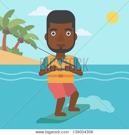 An african-american sportsman wakeboarding on the sea. Wakeboarder making tricks. Man studying wakeboarding. Man riding wakeboard. Vector flat design illustration. Square layout.