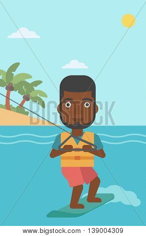 An african-american sportsman wakeboarding on the sea. Wakeboarder making tricks. Man studying wakeboarding. Man riding wakeboard. Vector flat design illustration. Vertical layout.