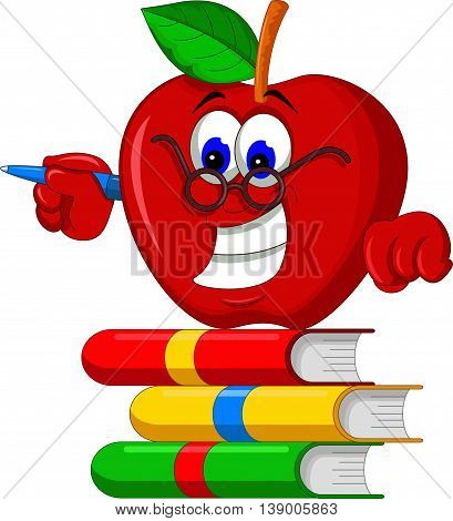 Cartoon Red apple standing on book for you design
