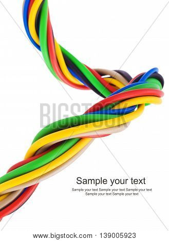 closeup of a three-phase electric cable on a white background (selective focus)