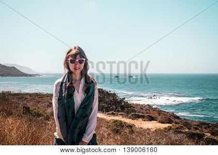 Girl And Oceanview From California Coast, United States