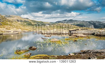 Landscape Of Norwegian Mountains Lake. Nature Of Norway. Travel And Hiking. Amazing Scenic View At  Summer Day. Nobody. Scandinavia.