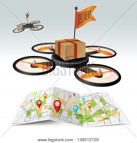 Drone, delivery quad copter with box flying in the sky. Concept easy editable for Your design.