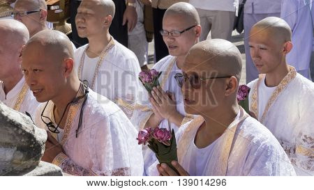 Man Who Will Become Buddhism Monk Praying In Ordination Ceremony