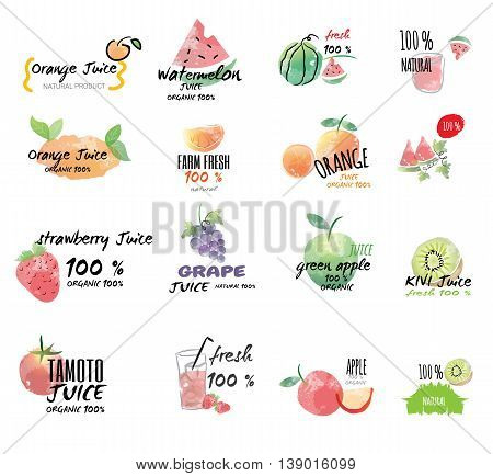 Set of sign for fruit juice, Set of hand drawn watercolor labels and stickers.vector
