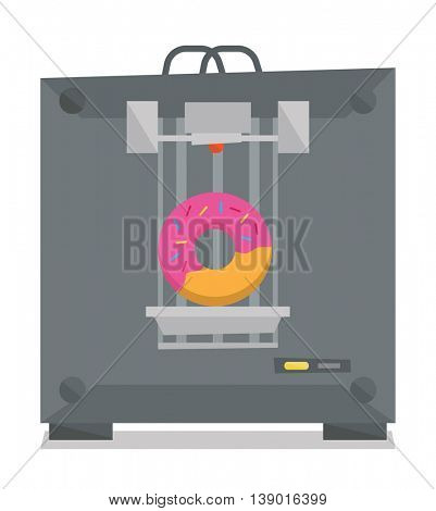 Tree D printer making a doughnut vector flat design illustration isolated on white background.