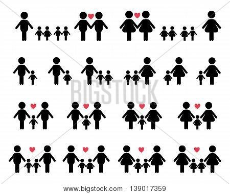 Gay and lesbian family vector icons white on black background