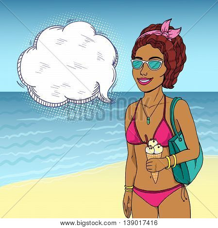 Slim african american woman in bikini with speech bubble on beach pop art retro comic vector. Afro woman with ice cream on beach.