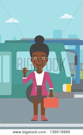 An african-american young woman with suitcase standing at the entrance door of a bus on a city background. Young woman waving in front of a bus. Vector flat design illustration. Vertical layout.