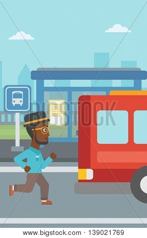 An african-american latecomer man running along the sidewalk to reach a bus. Hipster man with the beard came too late at bus stop. Man chasing a bus. Vector flat design illustration. Vertical layout.