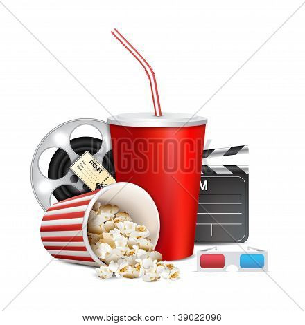 Popcorn box; disposable cup for beverages with straw film strip clapper board and ticket. Cinema Poster Design Template.