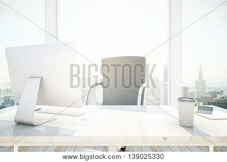 Closeup of light wooden desktop with computer monitor coffee cup and paperwork in office interior with city view and daylight. 3D Rendering