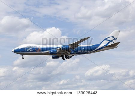 FRANKFURT GERMANY - JULY 12 2016: AirBridgeCargo Boeing 747-8F cargo aircraft approaching Frankfurt Main international airport