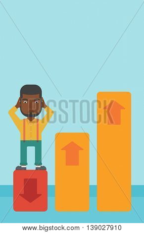 An african-american bankrupt clutching his head. Bankrupt standing on chart going down. Concept of business bankruptcy. Vector flat design illustration. Vertical layout.