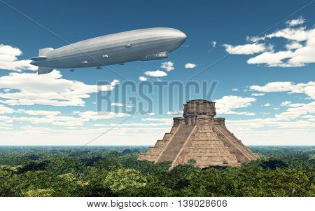 Computer generated 3D illustration with airship and Mayan temple