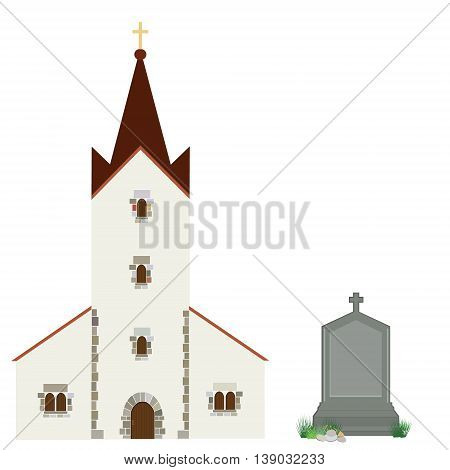 Vector illustration church building and grey gravestone with cross. Church icon. Christianity catholic