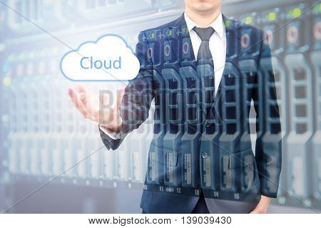 Double Expoure Of Cloud Computing Concept On Hand Of A Businessman With Servers Computing Technology