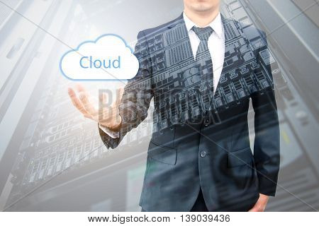 Double Expoure Of Cloud Computing Concept On Hand Of A Businessman With Servers Computing Technology