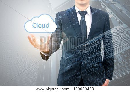 Double Expoure Of Cloud Computing Concept On Hand Of A Businessman With Servers Computing Technology