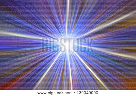 Double exposure abstract light zoom and binary digital data background technology concept