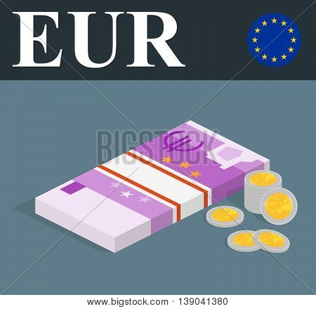 Abstract EUR banknotes and coins. Isometric style