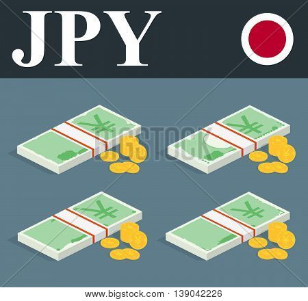 Abstract JPY banknotes and coins. Isometric style