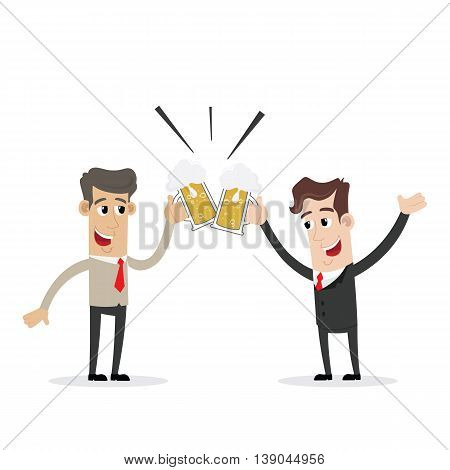 Clipart picture of a two smilling businessman cartoon character drinking beer and toasting