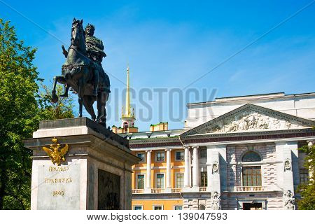 Peter The Great Monument Near Mikhailovsky Castle, St Petersburg , Russia.
