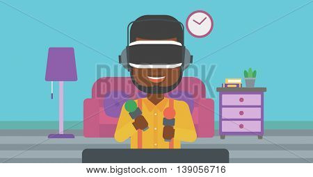 An african-american man wearing virtual reality headset and holding motion controllers in hands. Man playing video games in apartment. Vector flat design illustration. Horizontal layout.