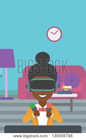 An african-american woman wearing a virtual reality headset and holding motion controllers in hands. Woman playing video games in apartment. Vector flat design illustration. Vertical layout.