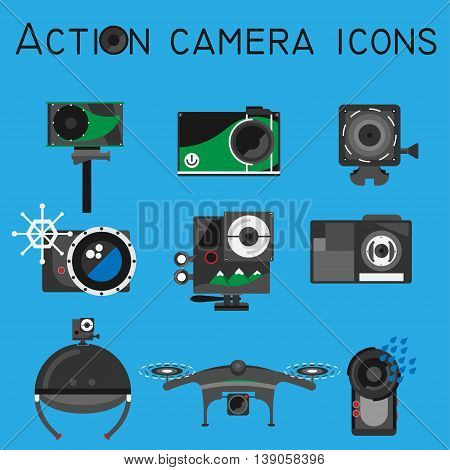 Action camera icons vector set on flat style color background
