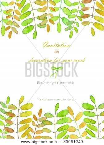 Background, template postcard with the acacia tree branches, hand drawn on a white background, background for your card and work